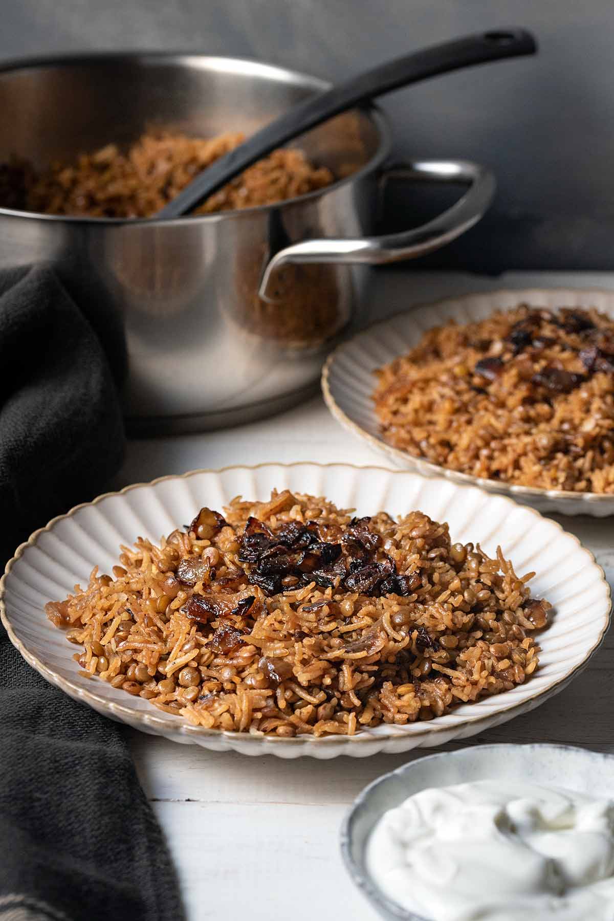 Two plates and a pot with Mujadara.