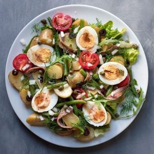 Healthy Mediterranean potato salad with boiled eggs (Nicoise) feat.