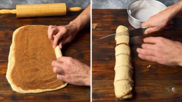 Two hands rolling the dough for cinnamon rolls and cutting the buns with a sharp knife.