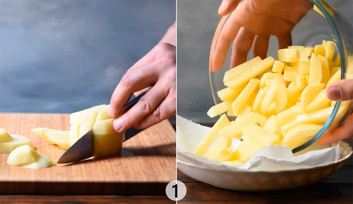 Cutting the potatoes into sticks.