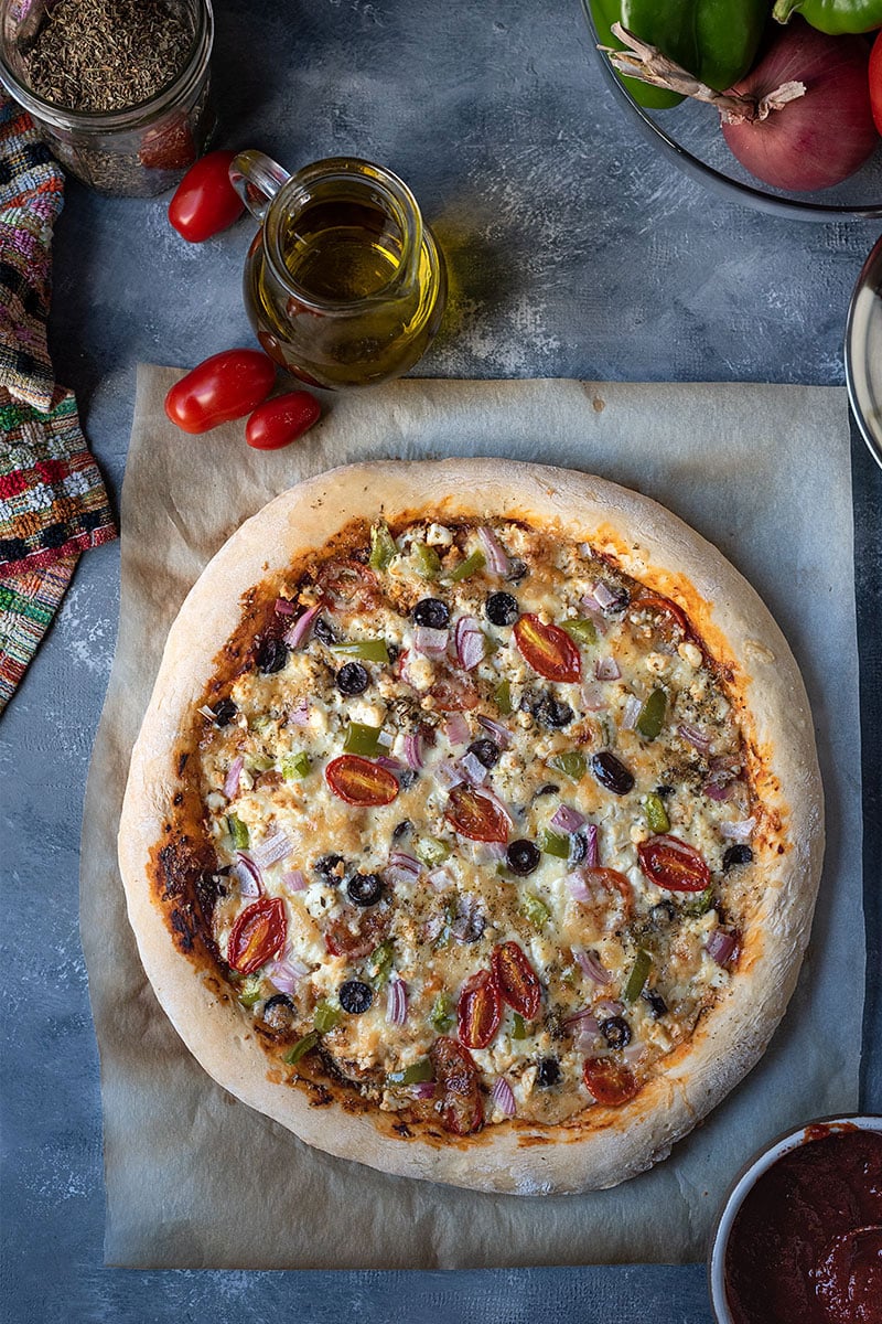 Greek pizza recipe (with yogurt and olive oil dough)