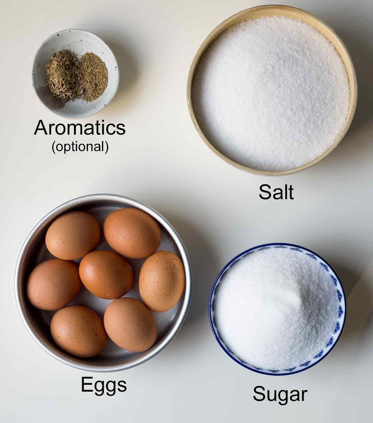 Labeled ingredients for salt cured egg yolks.
