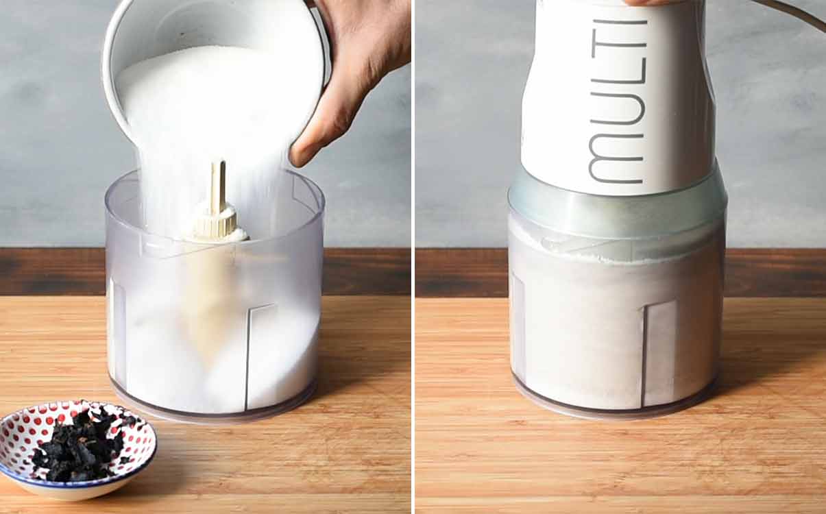 Transferring the sugar to the food processor and processing the ingredients.