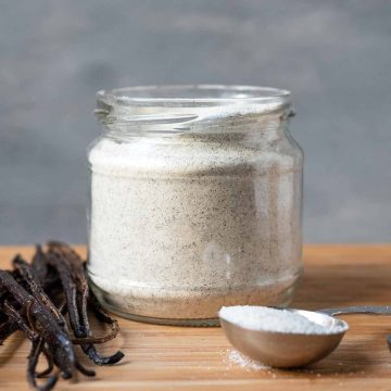 A jar with homemade vanilla sugar.