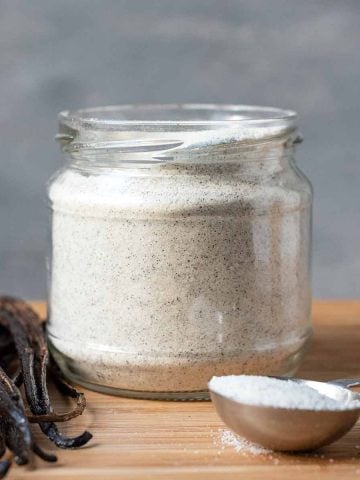 A jar with homemade vanilla sugar.