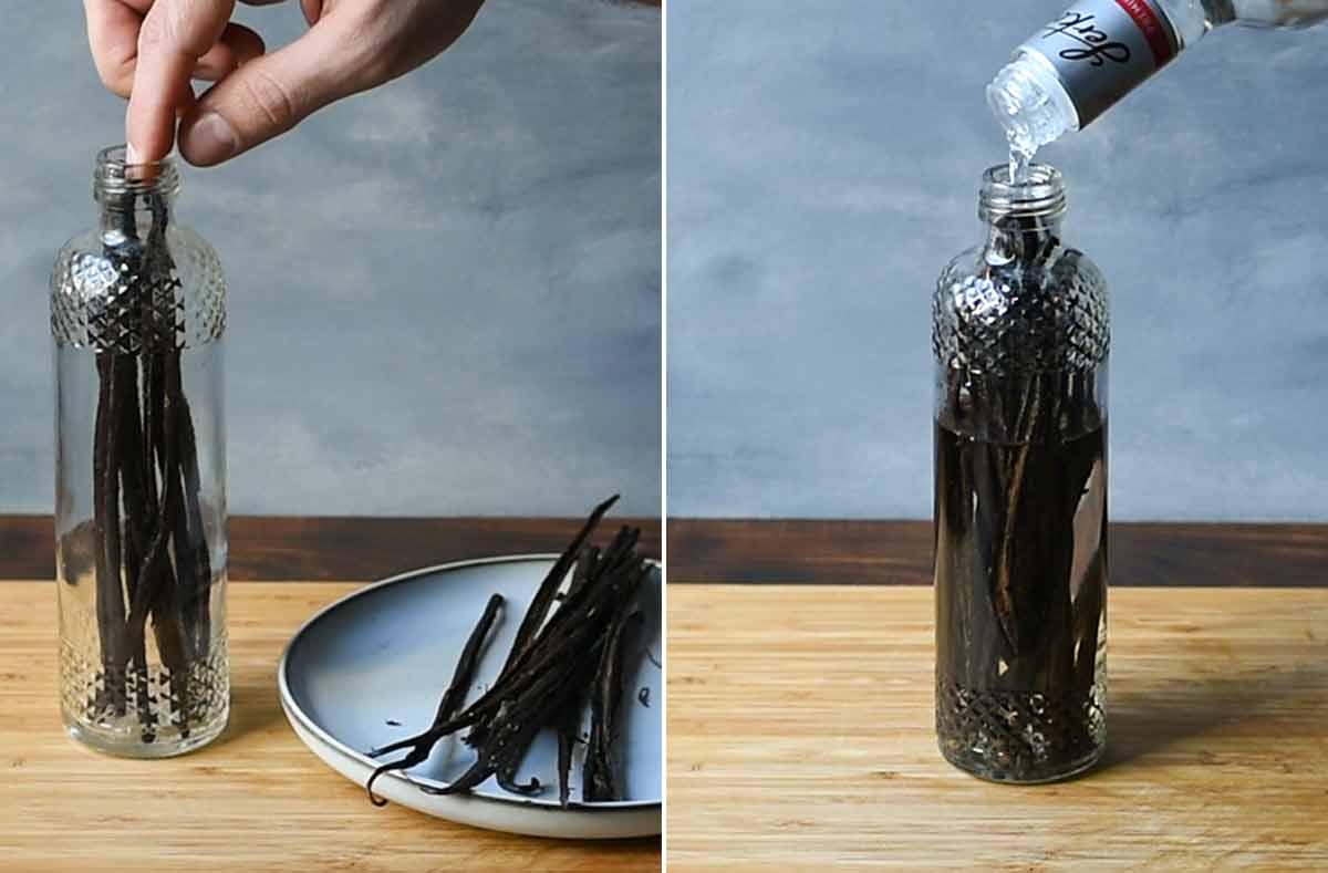 A hand transferring vanilla beans into a glass bottle and filling it with vodka.