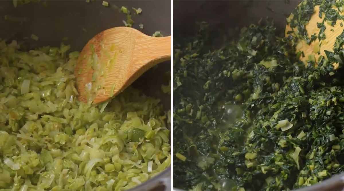 Leeks and spinach cooked in a pot.