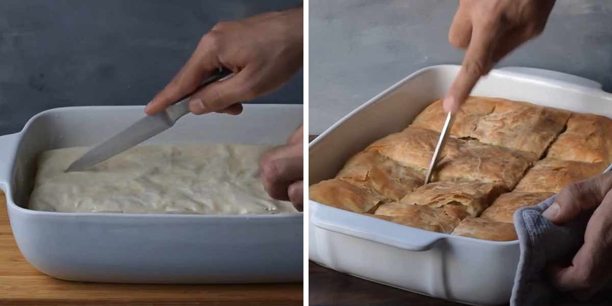 A hand scoring the spanakopita with a knife.