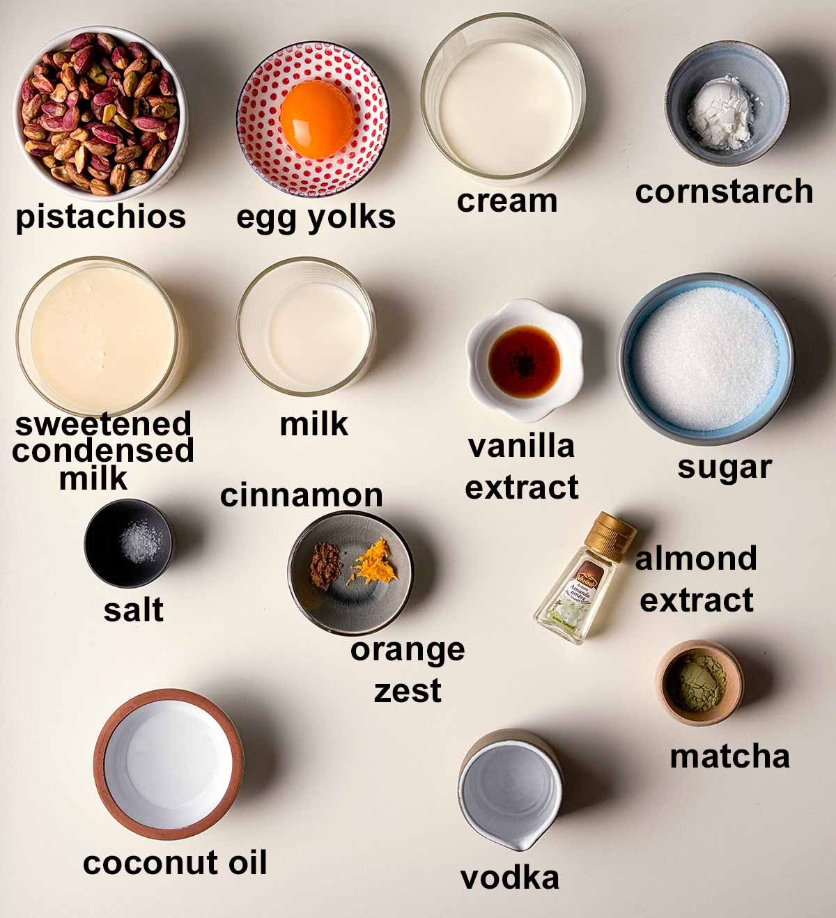 Ingredients for pistachio ice cream with labels.
