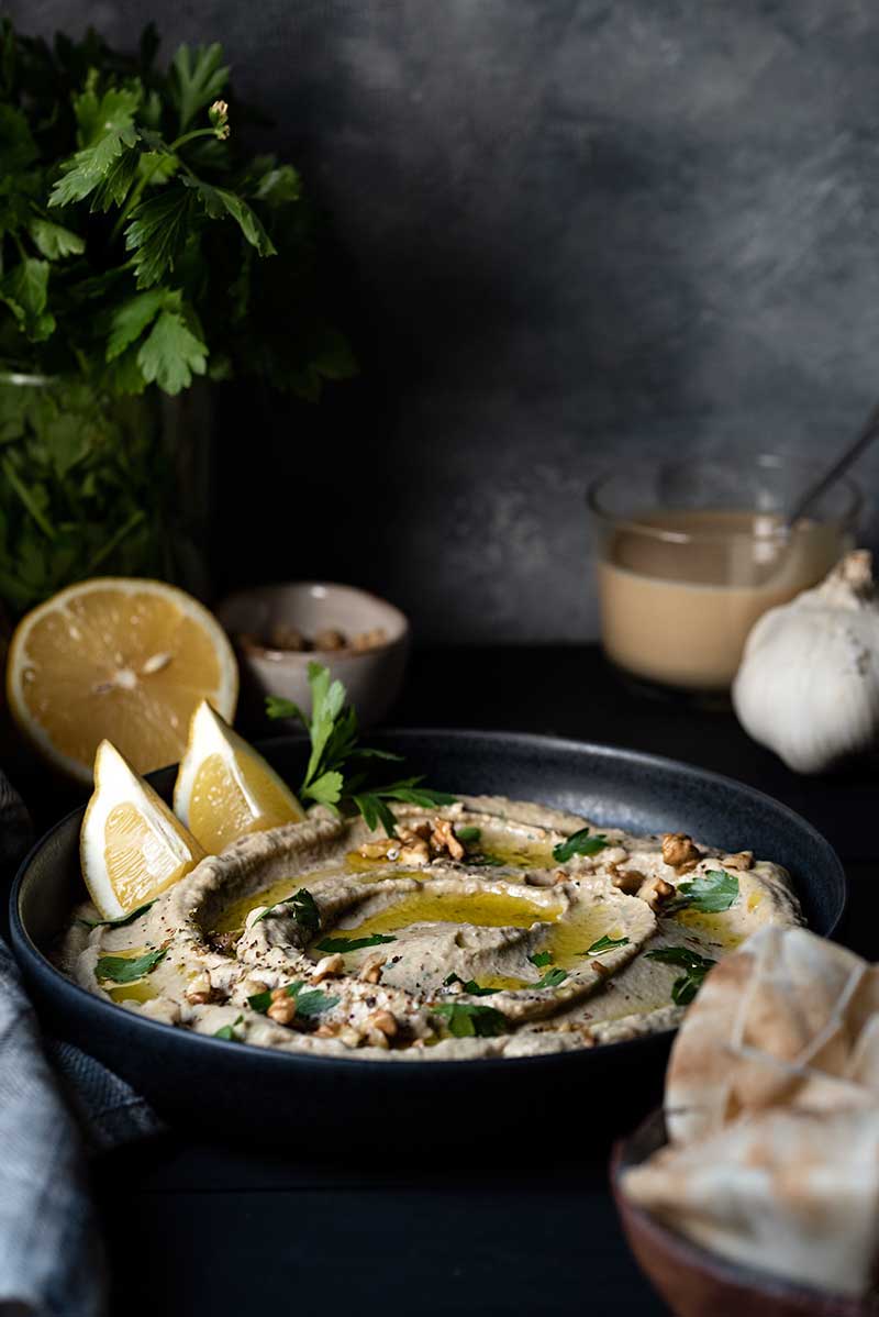 Smoky baba ganoush served with pita bread and zaatar.