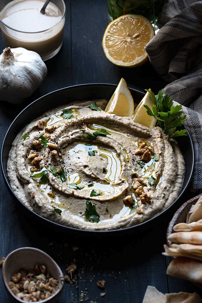 Eggplant dip (baba ganoush) on a plate.