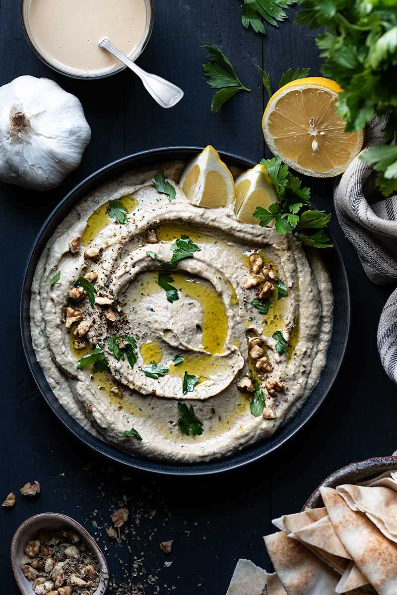 Smoky baba ganoush served with pita bread.
