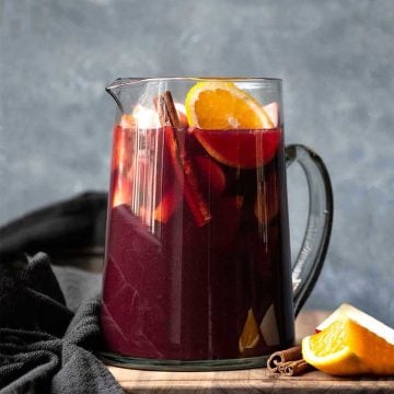 A large pitcher with 5-ingredient Spanish sangria without brandy.