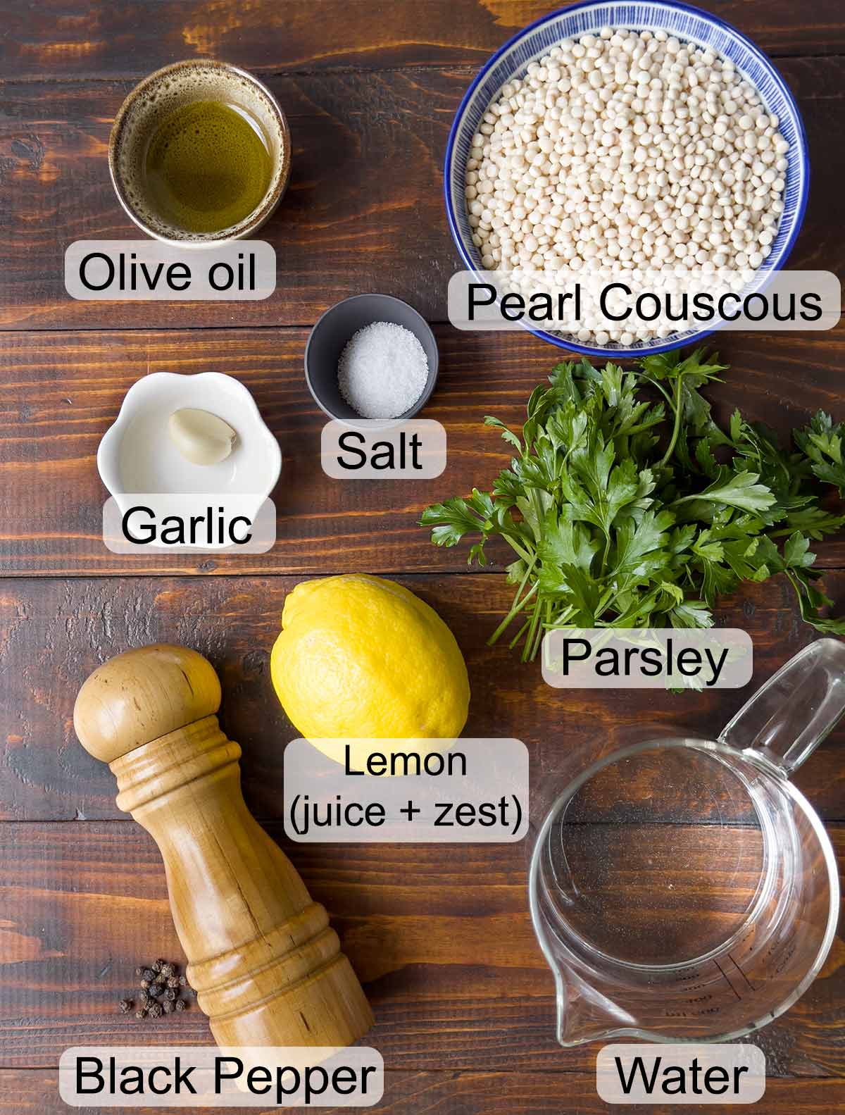 Ingredients for lemon garlic pearled couscous recipe.