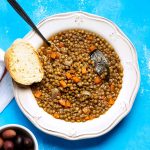 A plate with Greek lentil soup (fakes).