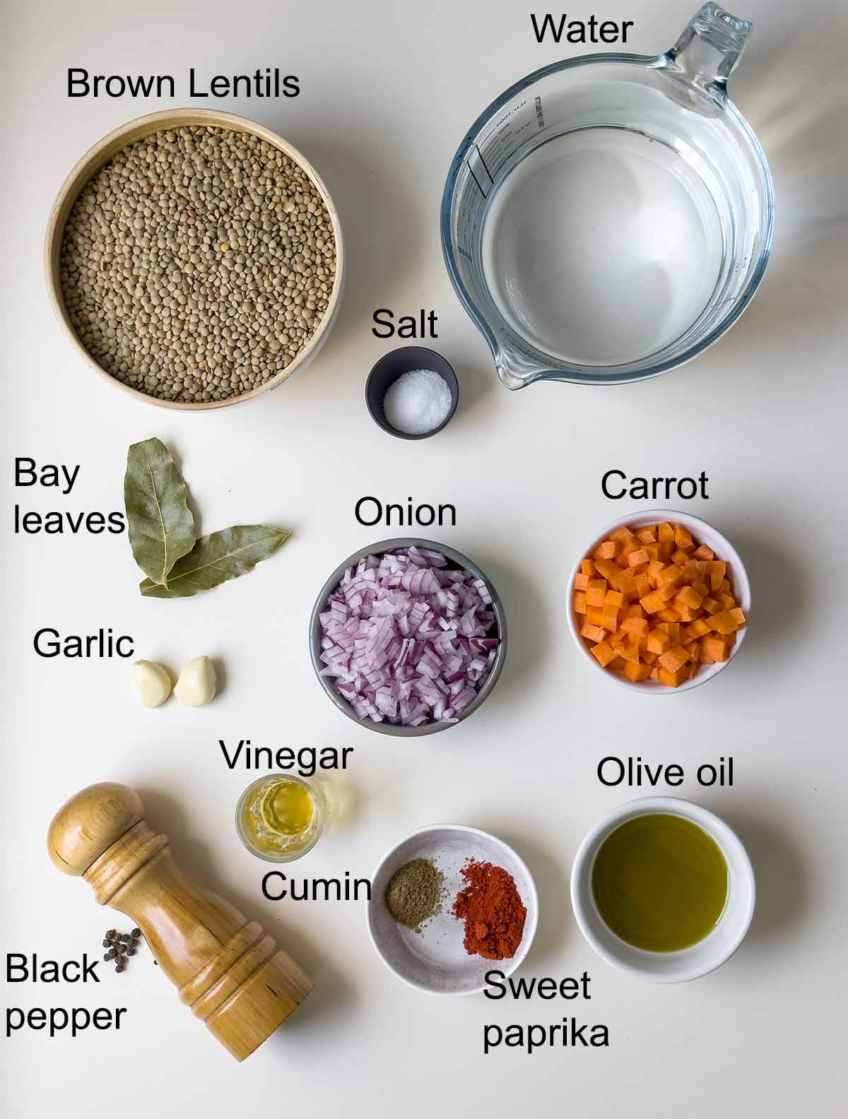 Greek brown lentil soup ingredients.