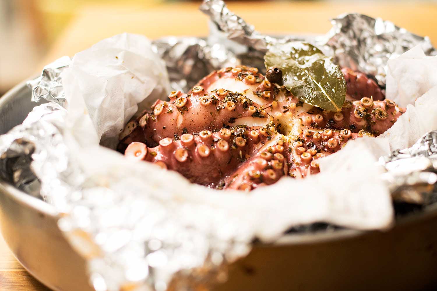 Greek baked octopus in foil.