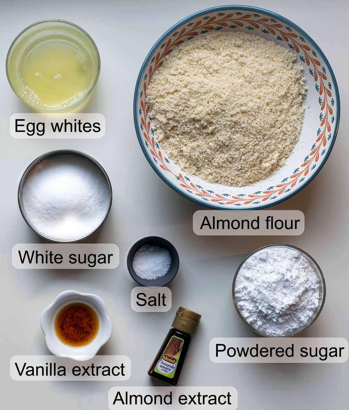 Ingredients for soft amaretti cookies.