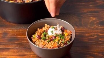 A chili bowl with healthy turkey chili.