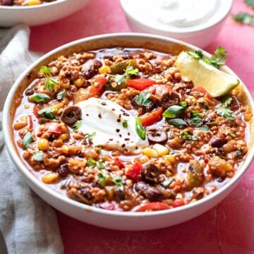 Turkey chili in a bowl with Greek yogurt topping.