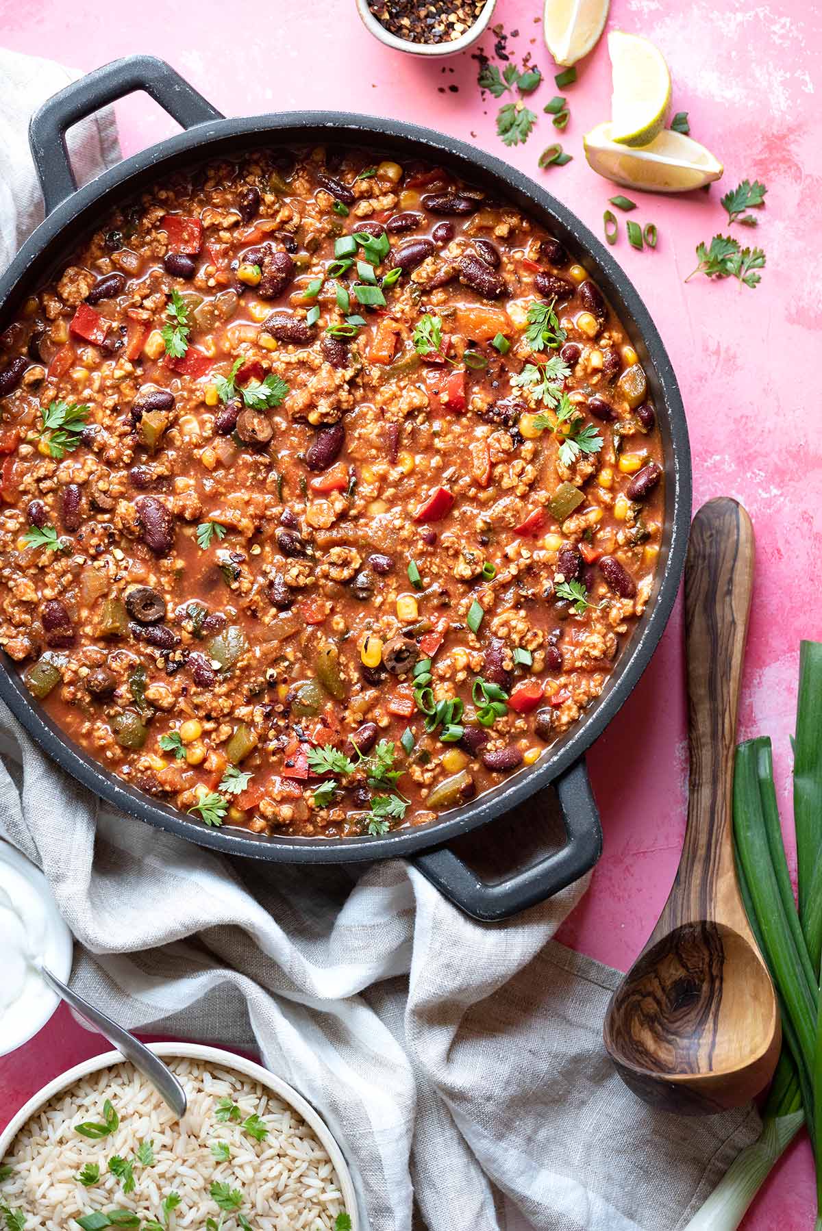 Turkey chili in a skillet.