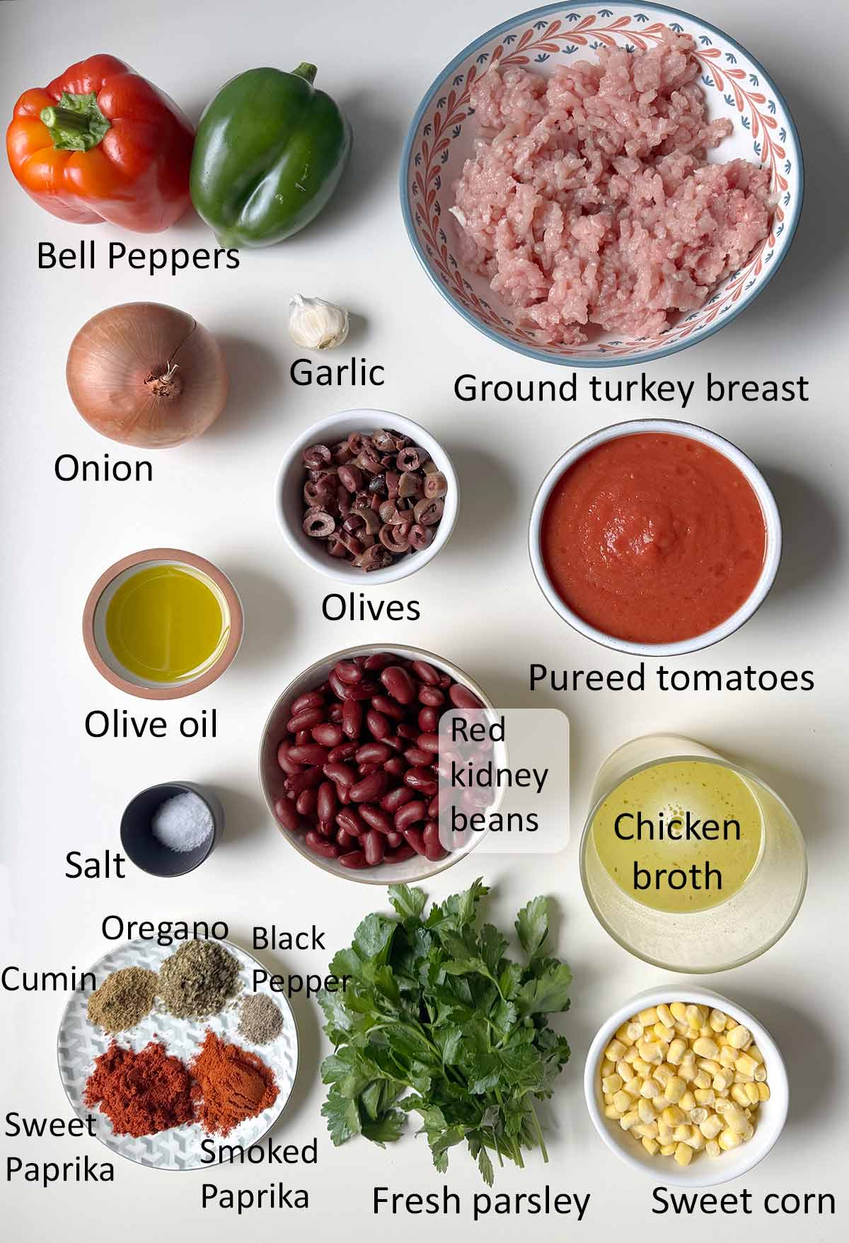 Mediterranean turkey chili ingredients with tags.