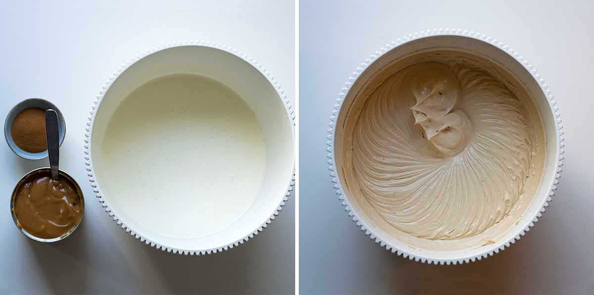 One step coffee ice cream process shot. Ice cream mixture before and after whipping.