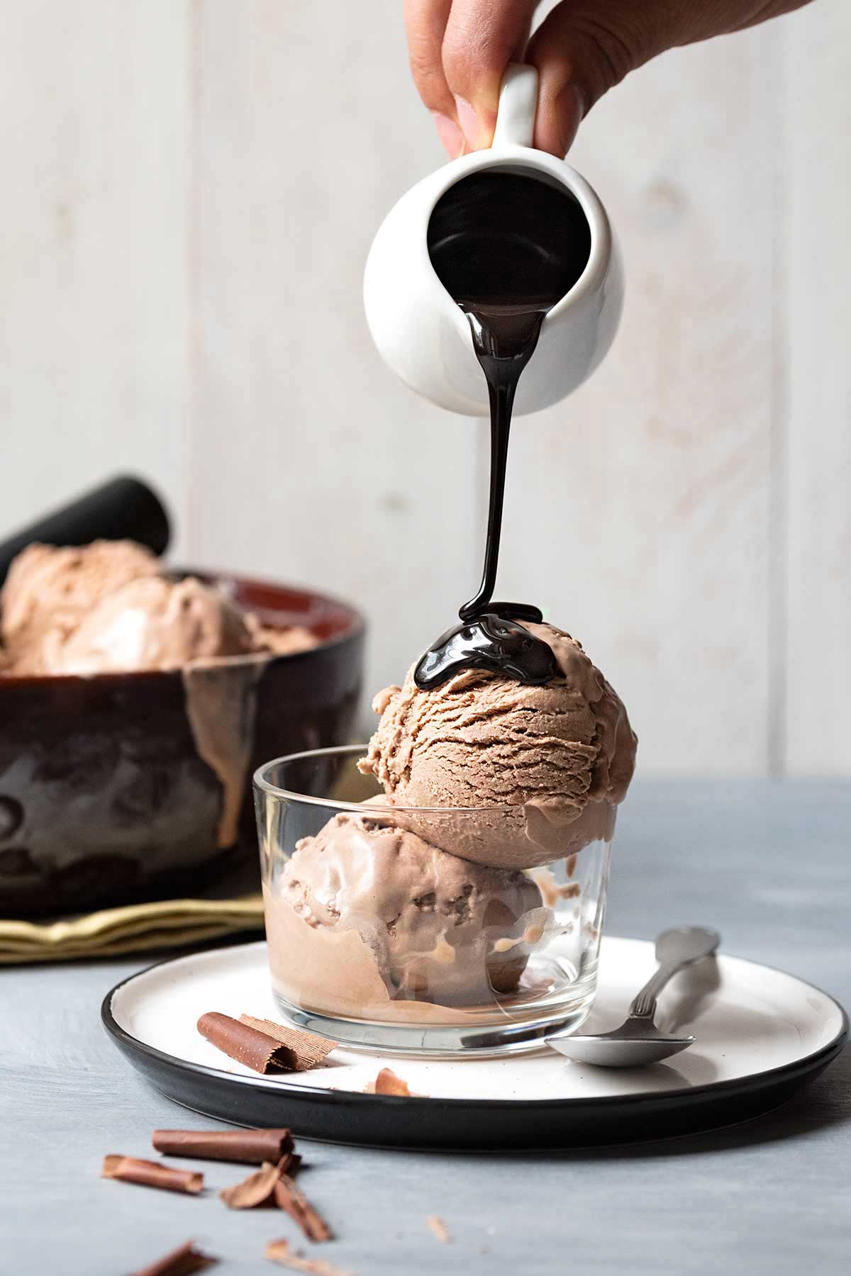 2 scoops of mocha ice cream served with a drizzle of chocolate syrup.