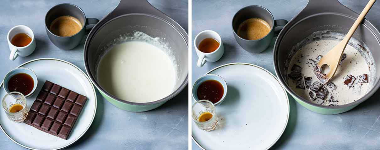 Process shot: Melting the dark chocolate with the cream.