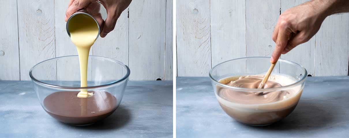 Process shot: Adding the sweetened condensed milk to the ice cream base.