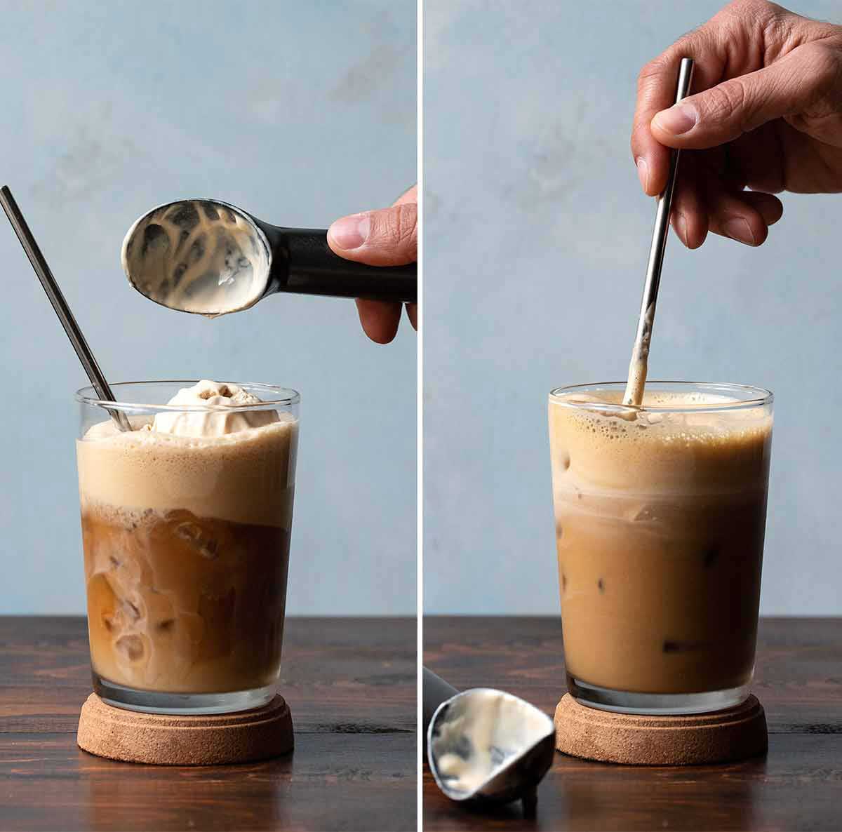 Adding milk and a scoop of ice cream to a freddo espresso coffee.