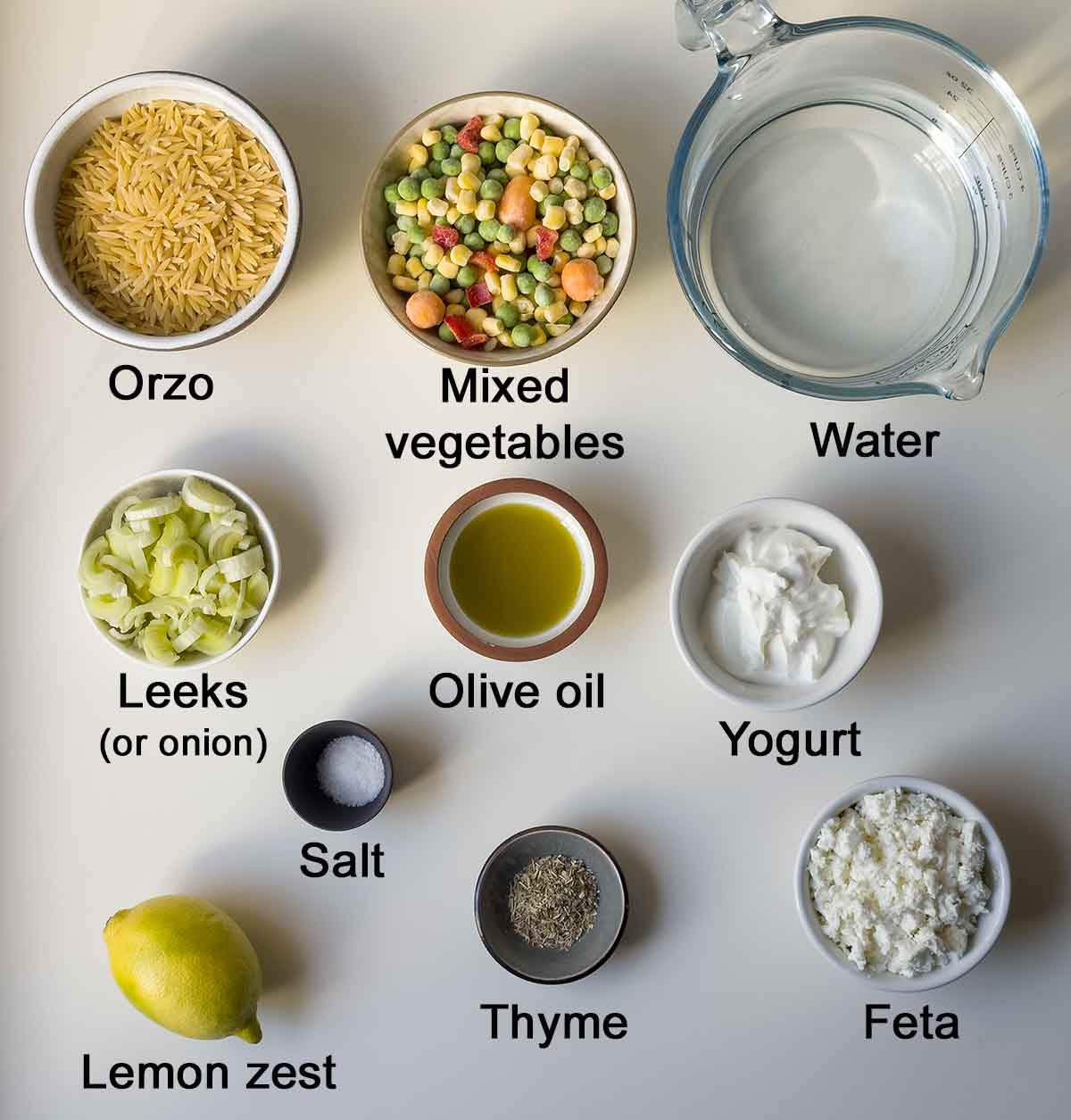 Ingredients for orzo with vegetables.