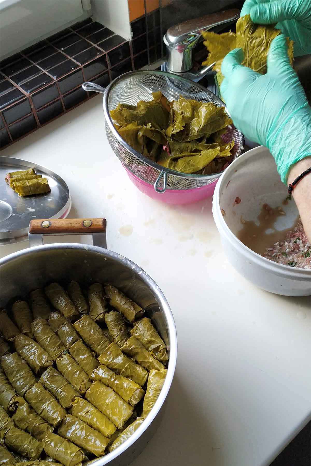 A woman making stuffed vine leaves (Greek dolmades).