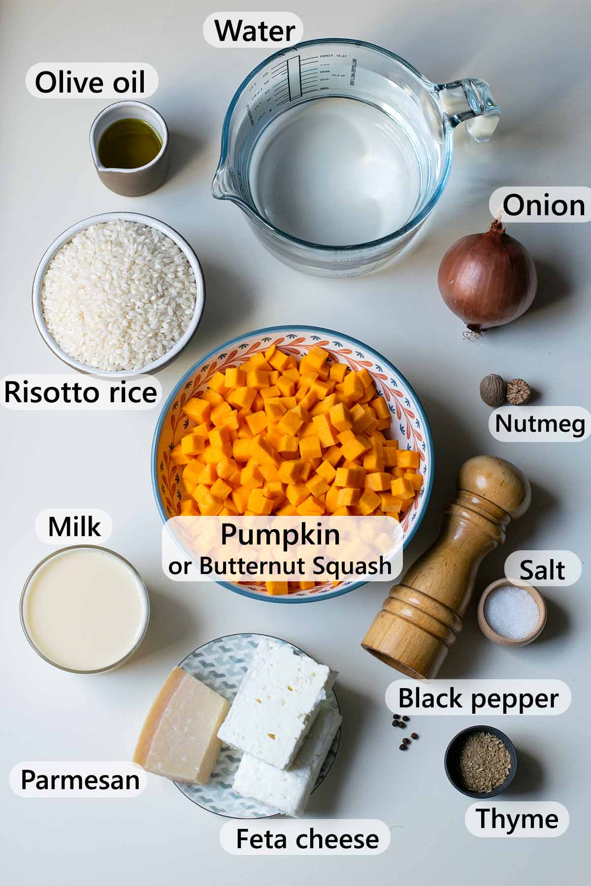 Ingredients for pumpkin risotto with feta.