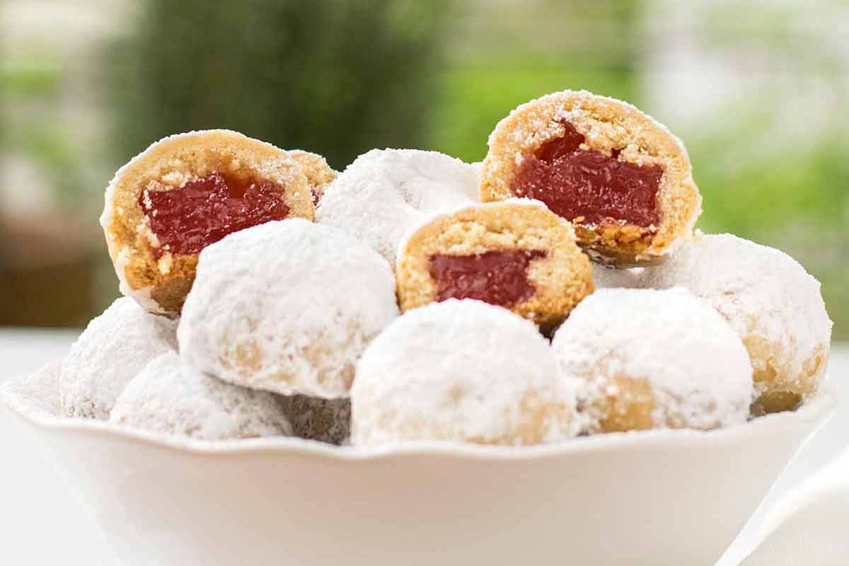 Loukoumi filled cookies in a bowl.