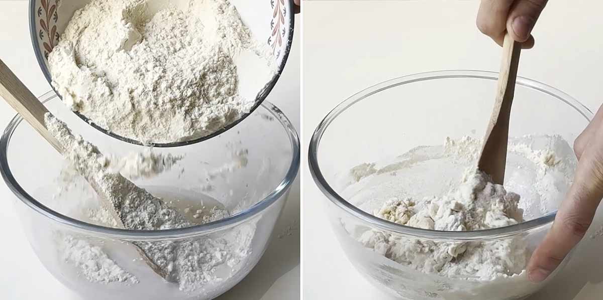 Adding flour to a bowl with water and yeast.