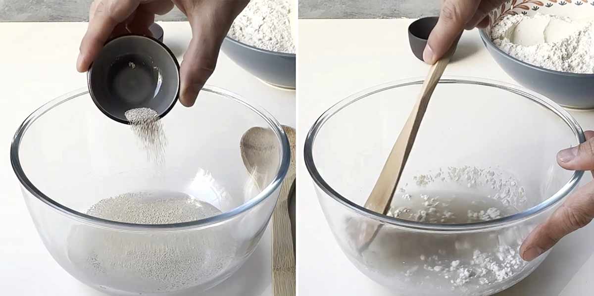 Adding the yeast to a bowl with lukewarm water.