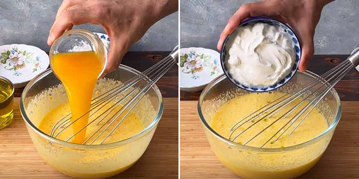 A hand adding orange juice and Greek yogurt to the egg mixture.