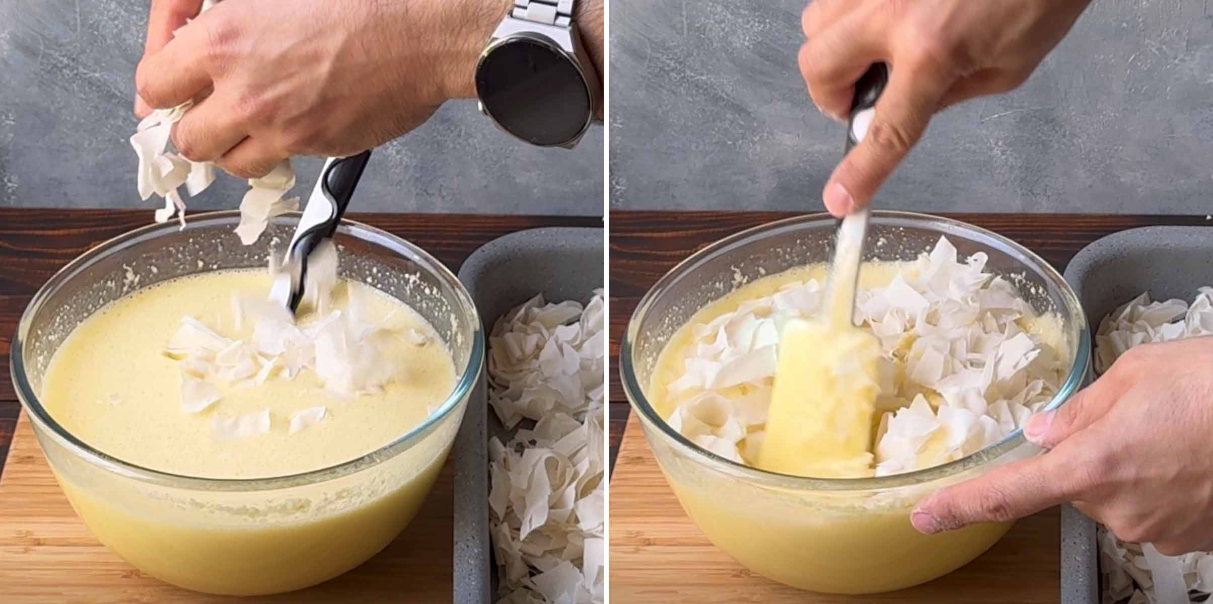 Two hands adding the shredded phyllo to the cake batter and mixing it with a spatula.