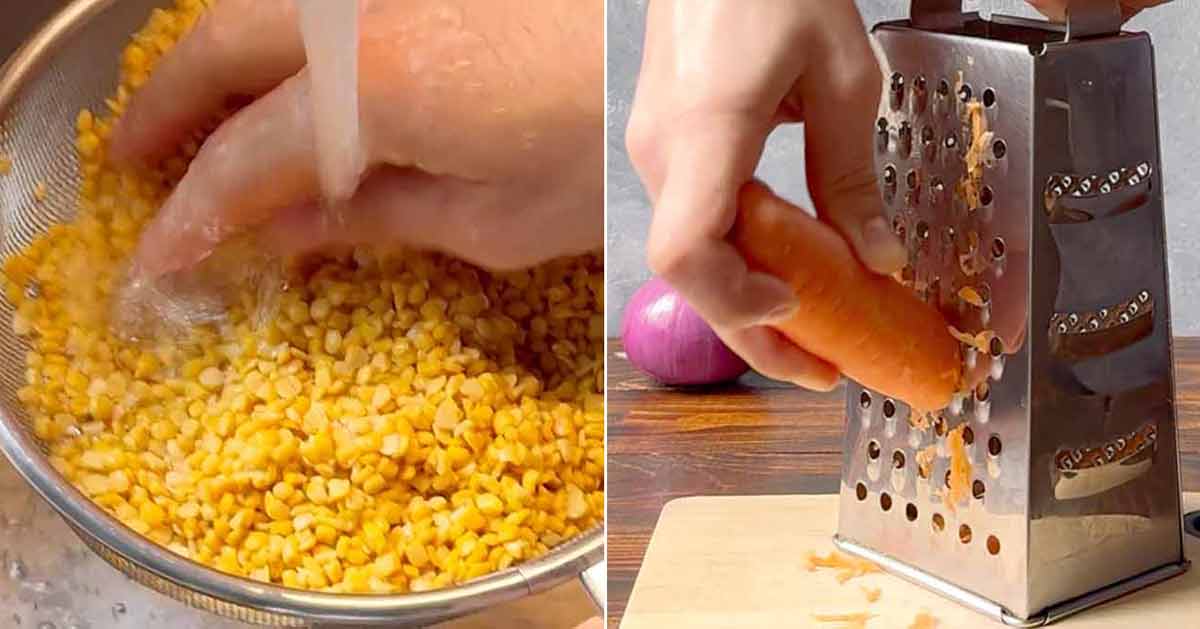 A hand rinses yellow split peas and grates a carrot.