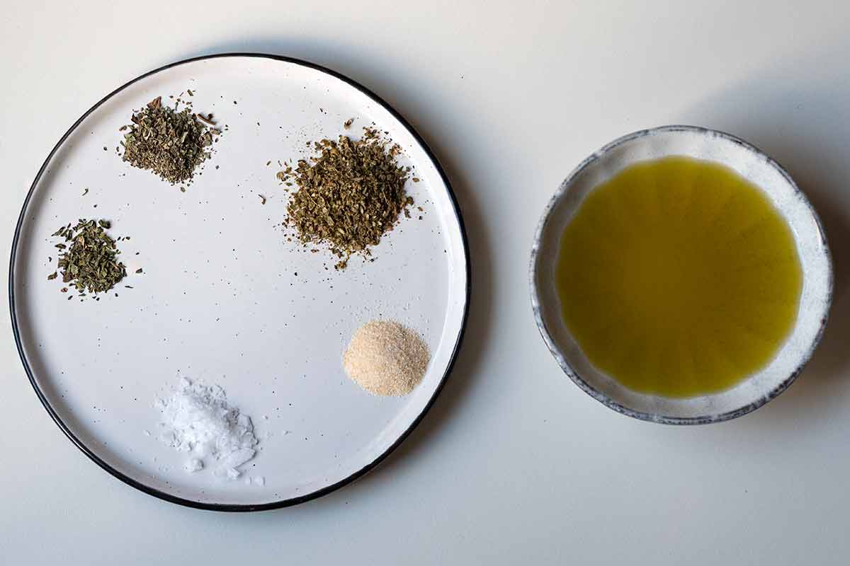 Ingredients for the Greek olive oil bread dip.