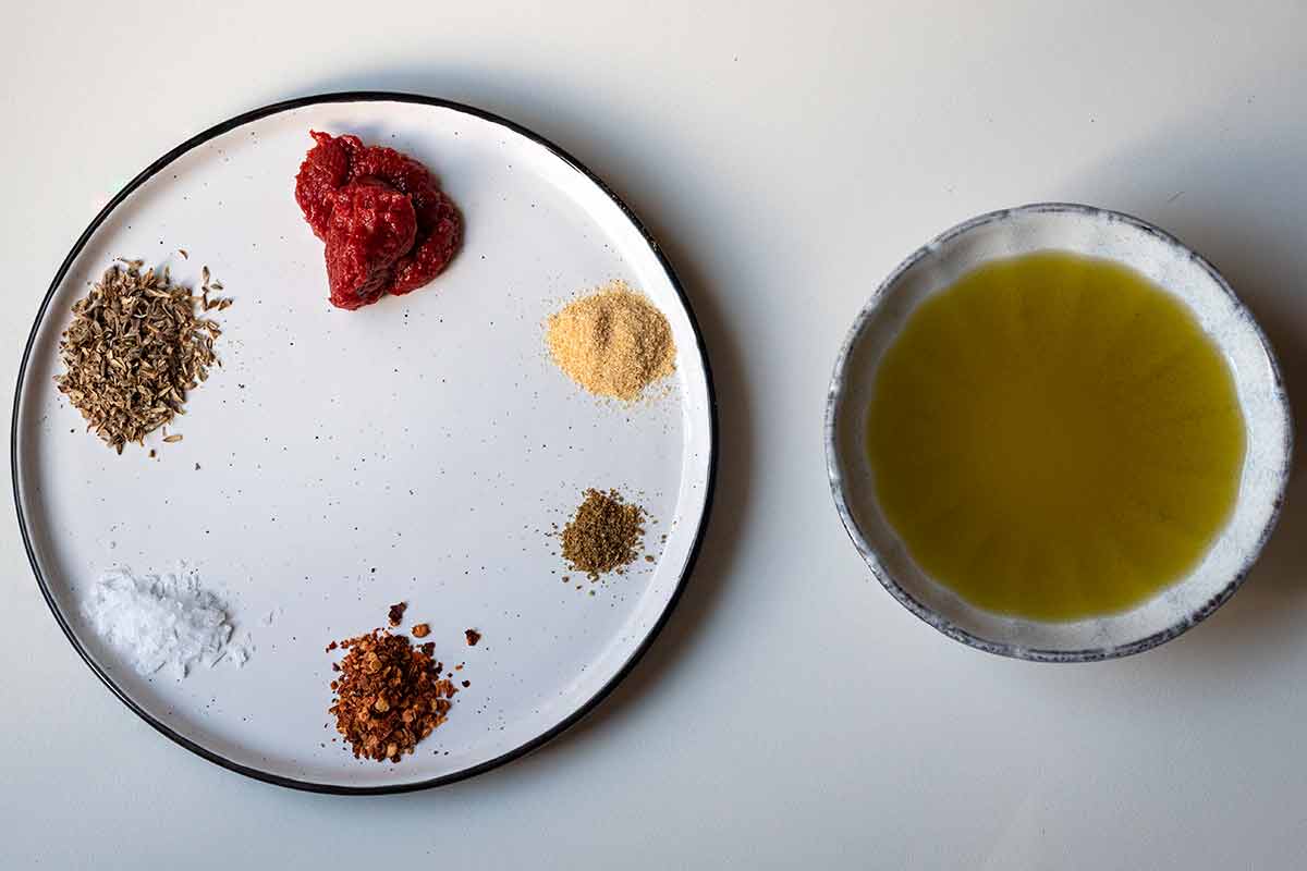 Ingredients for the pizza style bread dipping oil.