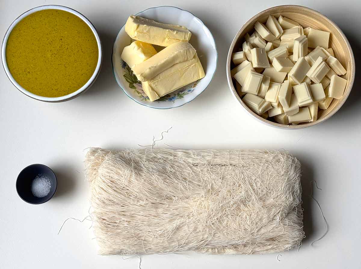 Ingredients for the kataifi and pistachio cream.