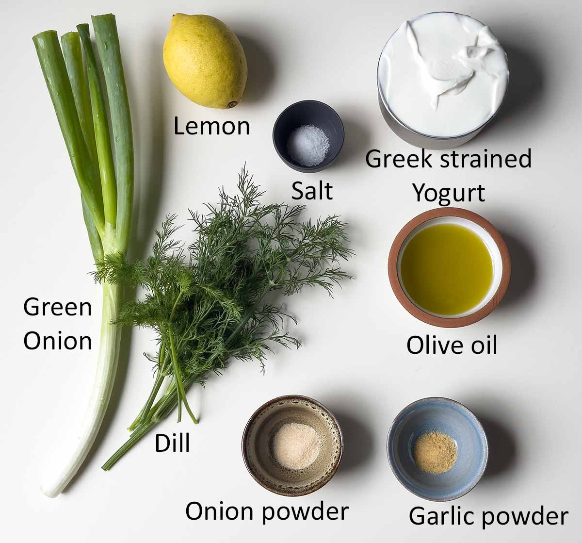 Ingredients for Greek yogurt dip for veggies, chips and more.