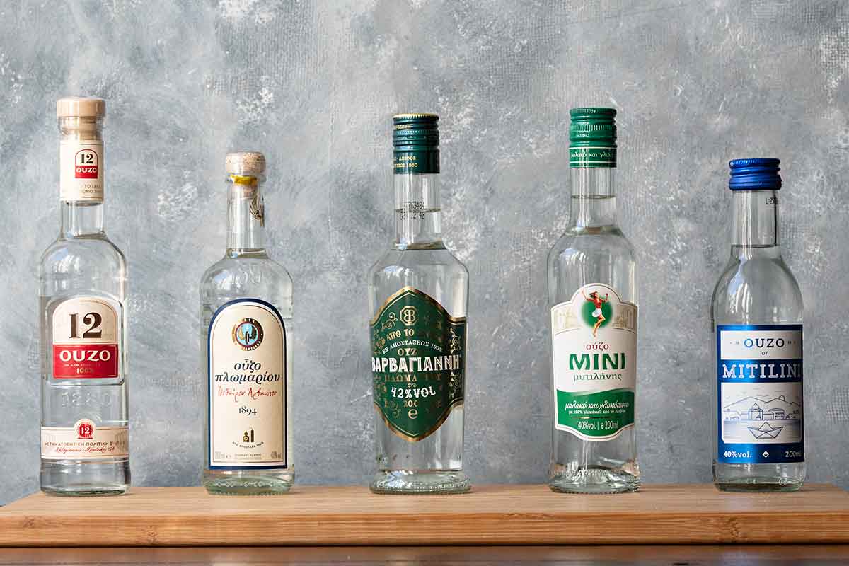 5 Greek ouzo brands (12 ouzo, Plomari, Varvayanni, Mini and Mytilini).