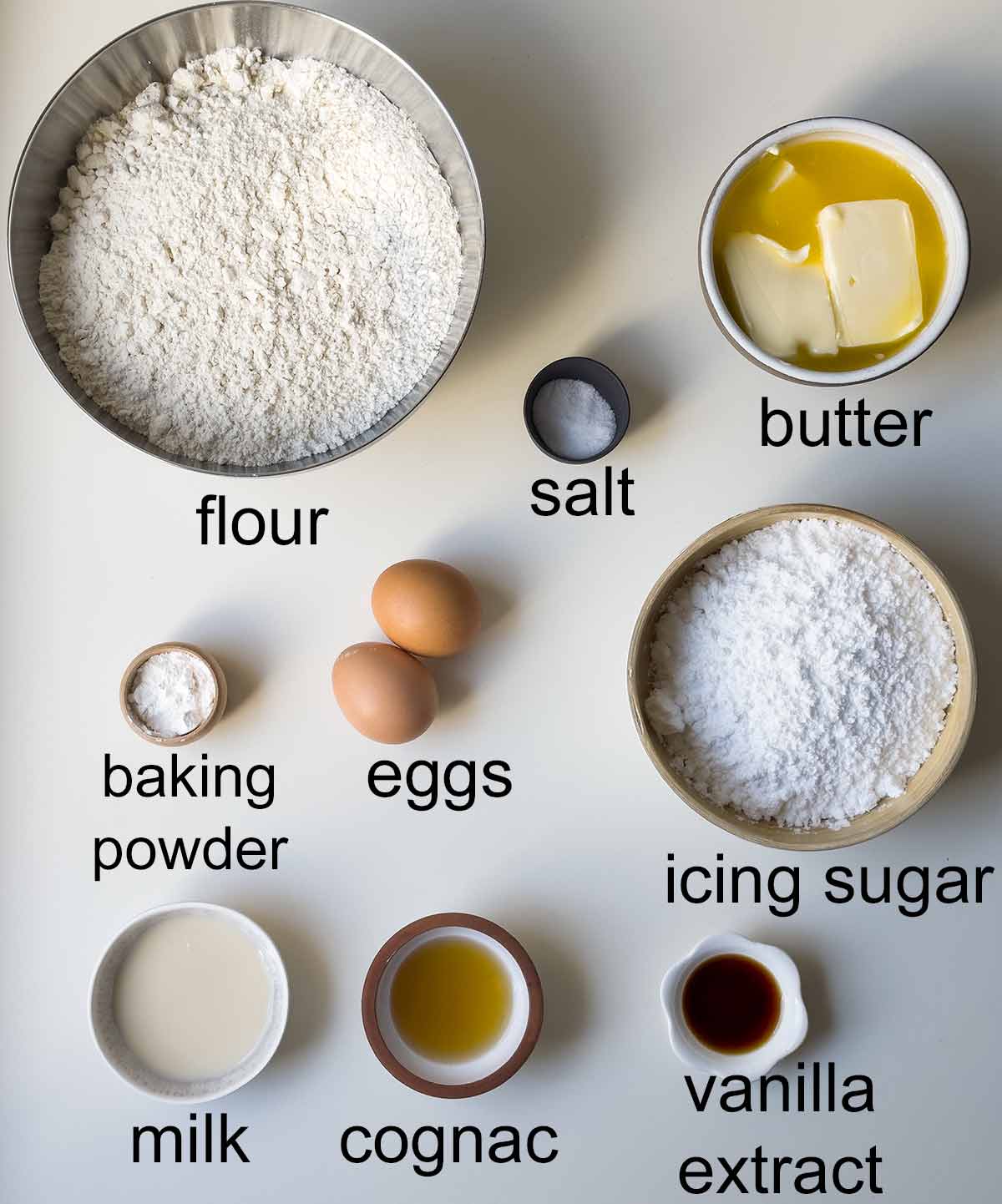 Koulourakia ingredients with labeled text.