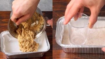 A hand pouring the sesame mixture into a baking dish.