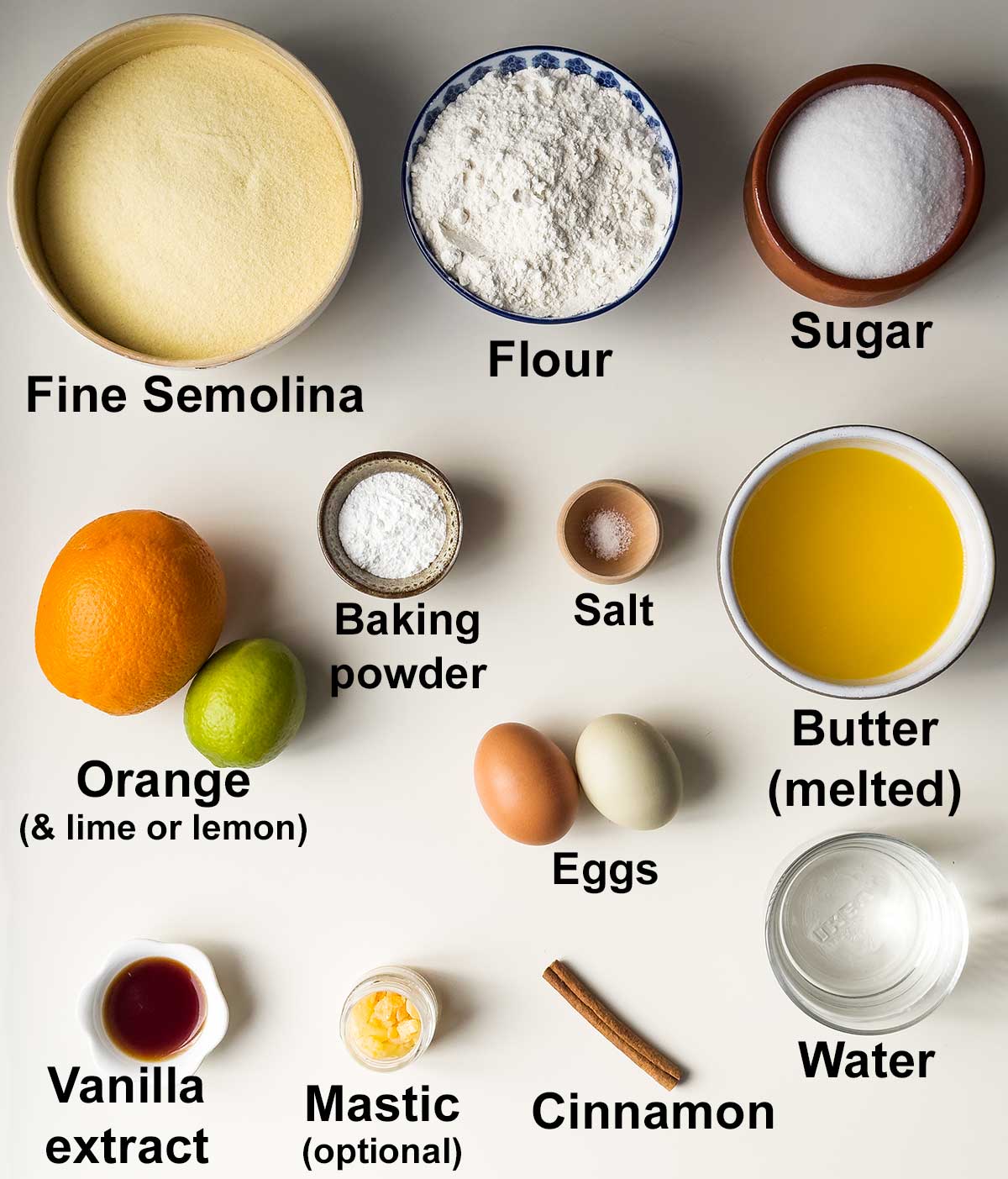 Ingredients for Revani Cake with labeled text.