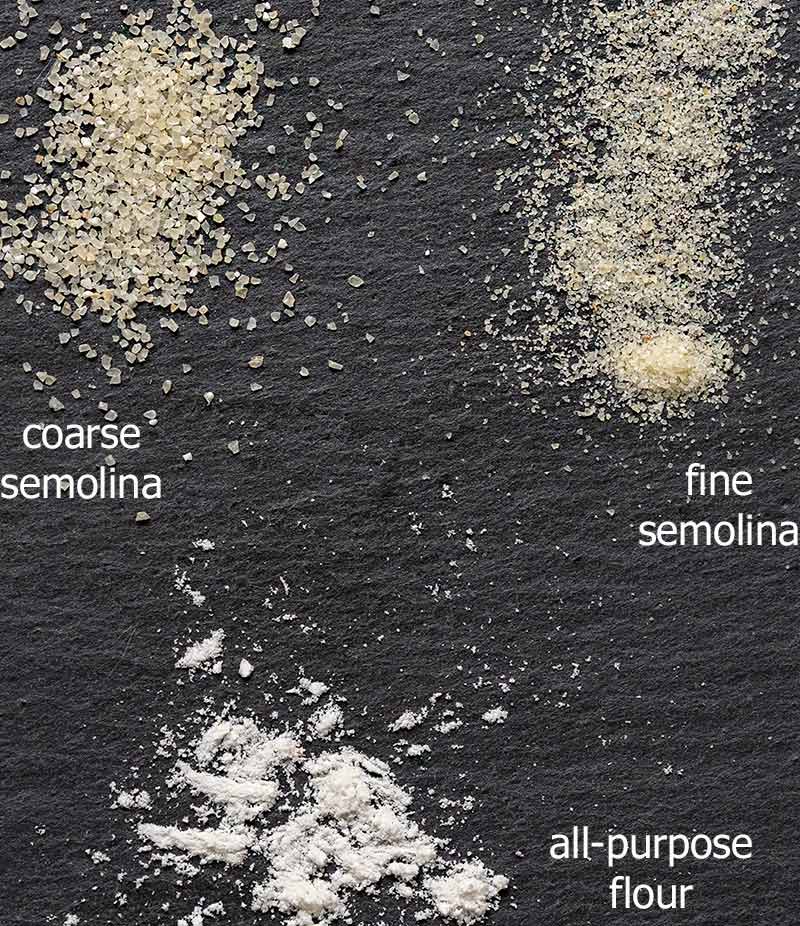Coarse semolina, fine semolina and flour side by side.