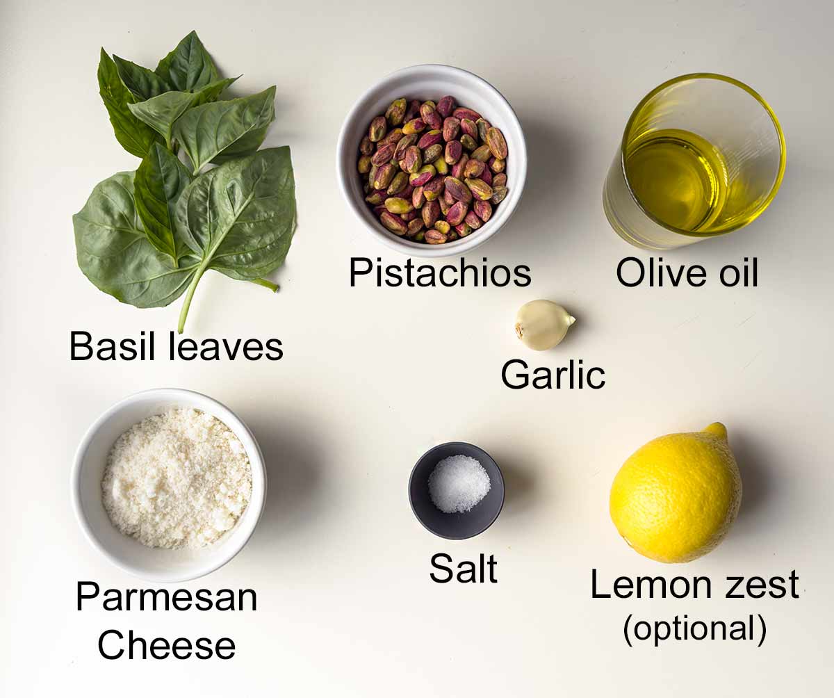 Labeled Ingredients for pistachio pesto.